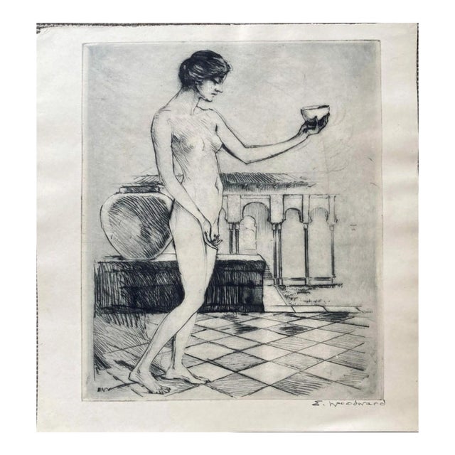 Antique Potrait Etching of Female Nude With Bowl by Ellsworth Woodward For Sale