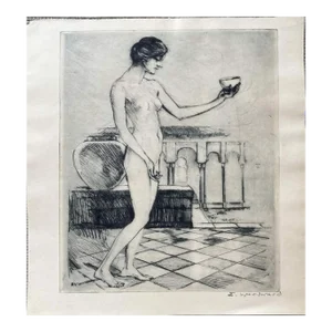 Antique Potrait Etching of Female Nude With Bowl by Ellsworth Woodward