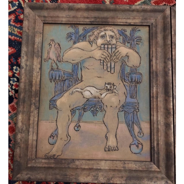 This pair of mixed media paintings depict a female and a male nude playing musical instruments. The female is playing the...