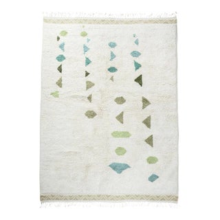 Natural White Moroccan Wool Rug With Forest Green, Olive Green, Celery, Teal and Aquamarine - 9x12 Ft For Sale
