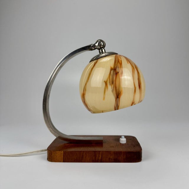 1940s Art Deco Wood and Marble Glass Table Lamp, 1940s For Sale - Image 5 of 8