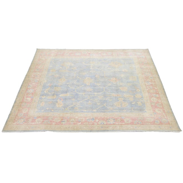 Modern Oushak Style Area Rug – Hand-Knotted Wool – Muted Blue, Soft Peach & Sand For Sale - Image 4 of 11