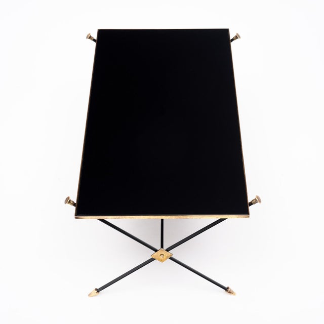 Metal French Mid-Century Black Glass, Iron and Brass Coffee Table For Sale - Image 7 of 9