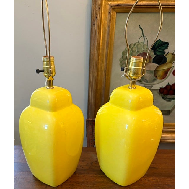 Yellow Mid Century Yellow Ceramic Lamps With Original Green Shades For Sale - Image 8 of 8