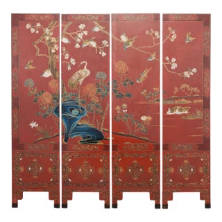 Chinese Export Four Panel Red Lacquered Chinoiserie Gilt Screen For Sale
