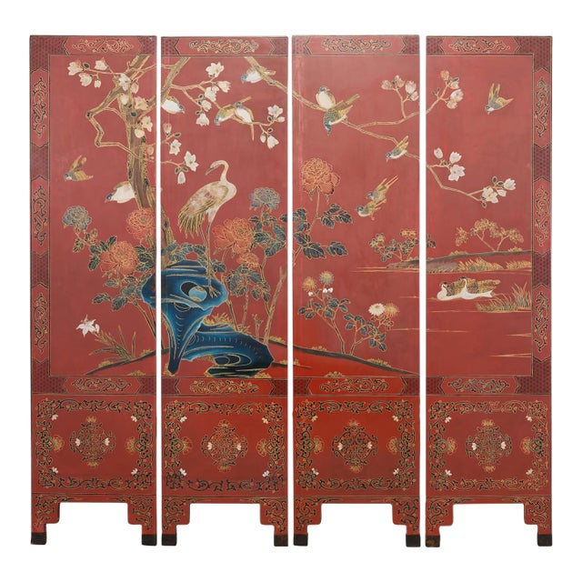 Chinese Export Four Panel Red Lacquered Chinoiserie Gilt Screen For Sale