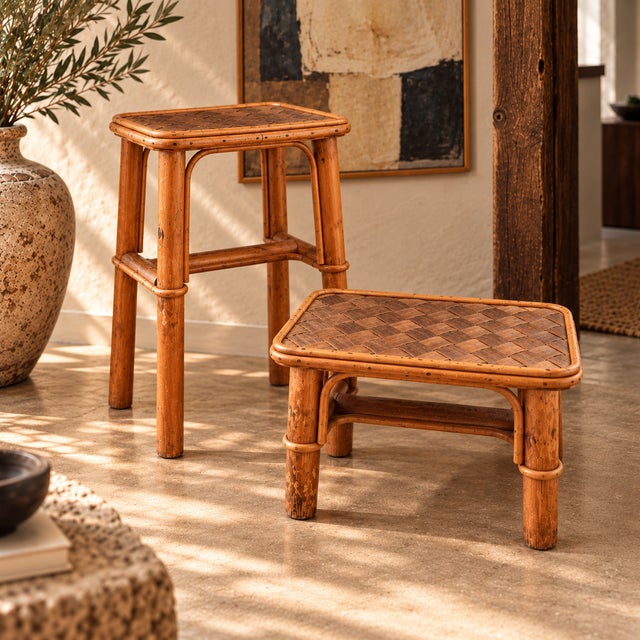 Brown Vintage Brown Bamboo Stools, France, 1960s, Set of 2 For Sale - Image 8 of 8