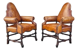 Early 19th Century Carved Leather Armchairs-Set of Two