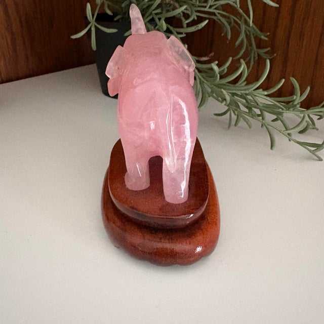 Chinese Vintage Rose Quartz Carved Elephants on Stands - A Pair For Sale - Image 3 of 10