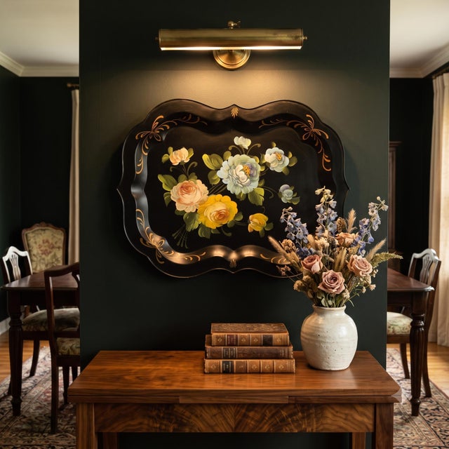 Large 1950s Fine Arts Studio hand-painted tole tray, black metal with pastel florals and gilt scroll, ready to hang as...