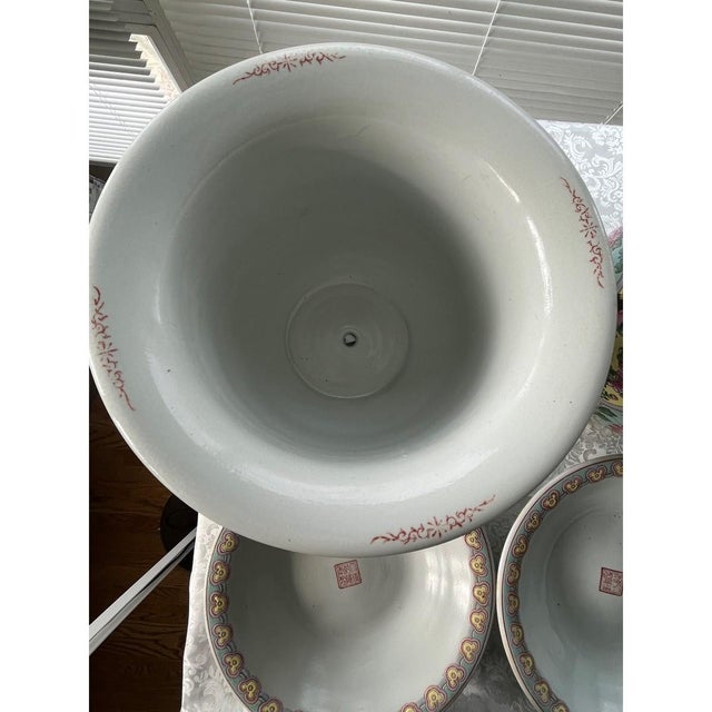 Early 20th Century Pair Large 13" Chinese Famille Jaune Phoenix Porcelain Planters & Trays-Heavy For Sale - Image 12 of 15