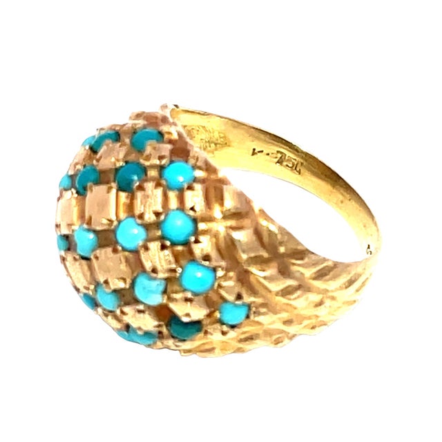 Metal Mid 20th Century 18k Yellow Gold Vintage Turquoise Studded Ring, Size 5.5 For Sale - Image 7 of 10