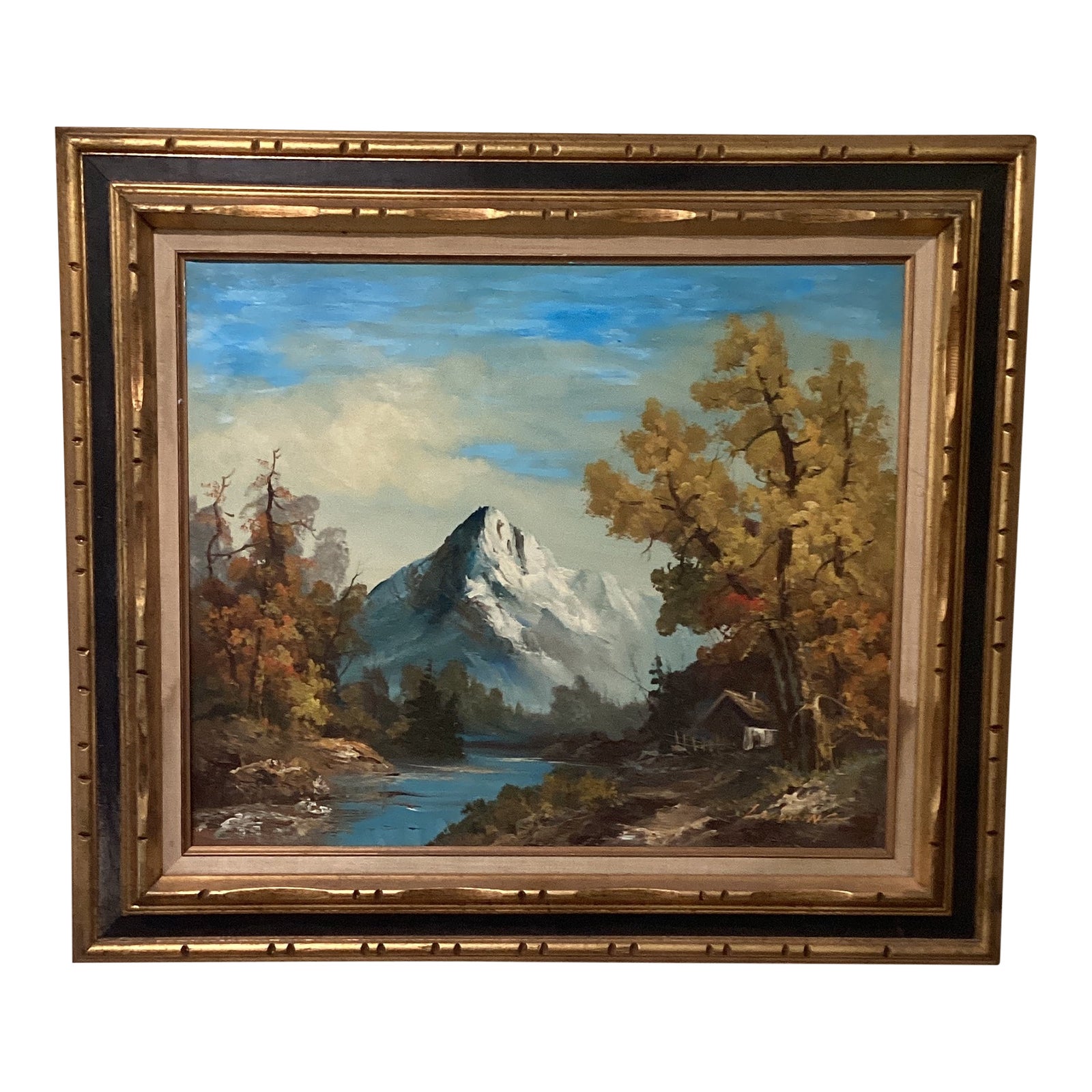 Vintage Oil Painting on Canvas Mountain River Fall Landscape by L ...