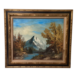 Vintage Oil Painting on Canvas Mountain River Fall Landscape by L . Harding