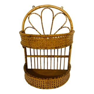 1980s Tortoise Shell Bamboo and Caned Rattan 2 Tier Shelf For Sale