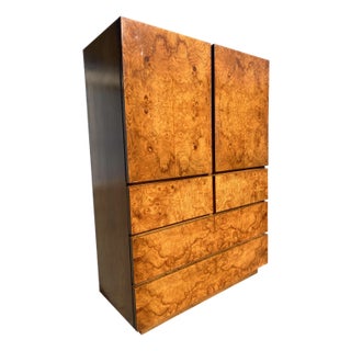 Vintage Milo Baughman for Lane Burl Wood Tall Highboy Dresser in Mid Century Modern Design For Sale