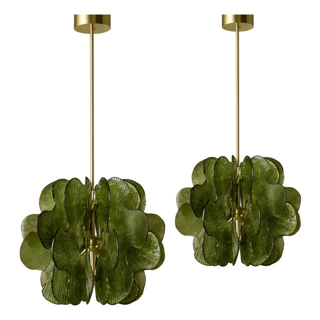 Mid-Century Modern Style Brass Pendant Lamp with Green Murano Glass Slabs, Italy For Sale
