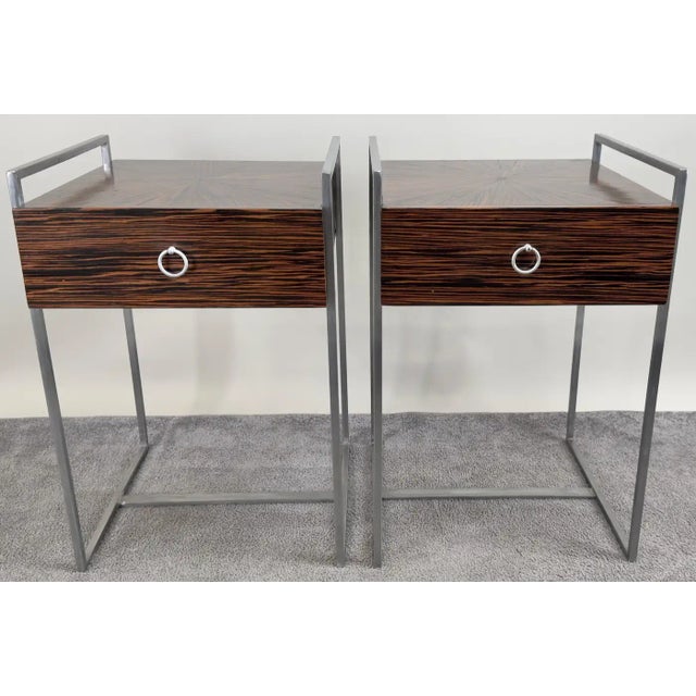Mid-Century Modern Macassar Zebra Design & Iron Nightstand or End Table, a Pair For Sale - Image 4 of 12