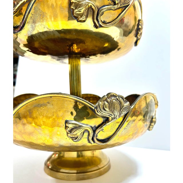 Metal Vintage Art Nouveau Brass 3-Tier Serving Stand | Hollywood Regency Brass Entertaining Tray - Pedestal Dessert Display For Sale - Image 7 of 11