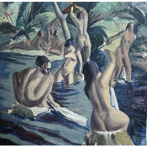 1920s Antique 1925 Clement Haupers Oil on Board Art Deco Bathers Framed & With Labels For Sale - Image 5 of 10