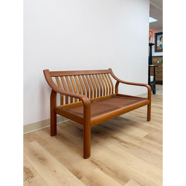 Mid-Century Modern MCM Danish Modern Cognac Color Two Seat Couch Curved Bench Sculptural Seating For Sale - Image 3 of 14