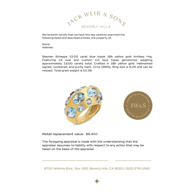 Metal Mid 20th Century Seaman Schepps 13.00 Carat Blue Topaz 18k Yellow Gold Antibes Ring, Size 6.25 For Sale - Image 7 of 7