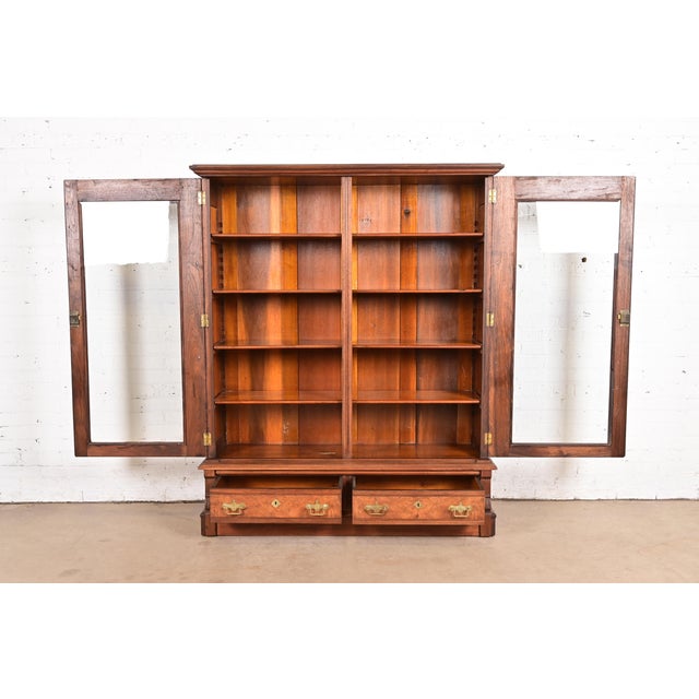 Late 19th Century Herter Brothers Style Antique Eastlake Victorian Carved Walnut and Burl Wood Glass Front Bookcase, Circa 1880s For Sale - Image 5 of 13