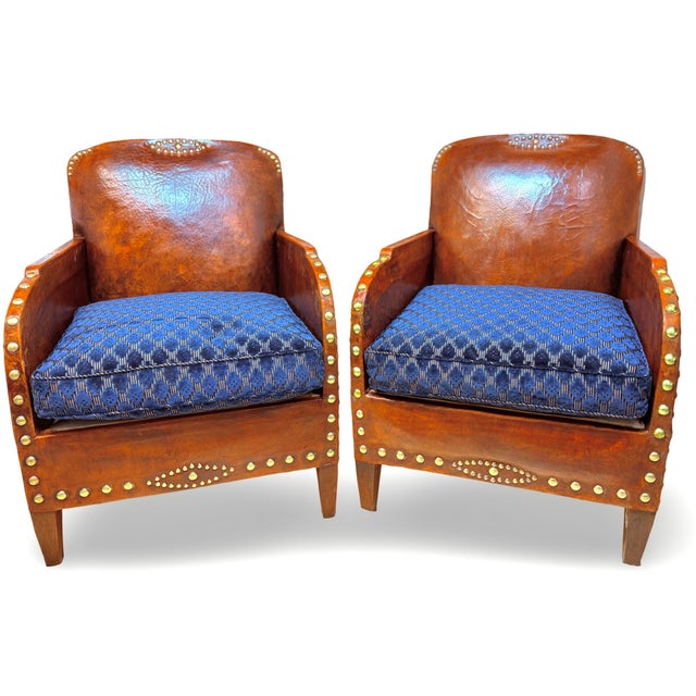 French Art Deco Leather Studded Club Chairs. 1930's France For Sale - Image 9 of 12