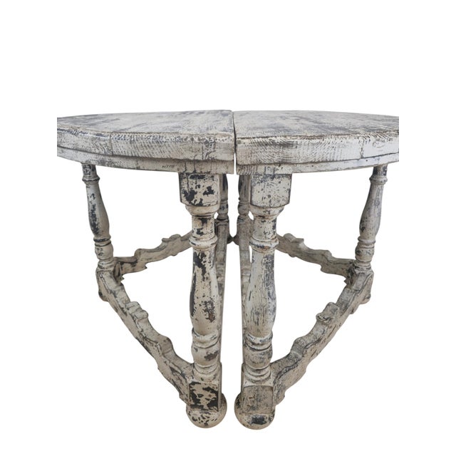 1990s Distressed Gray and White Demi-Lune Wall Consoles, 1990s, Set of 2 For Sale - Image 5 of 9