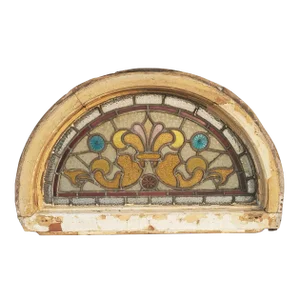 19th Century Victorian Era Architectural Salvaged Stained Glass Panel Transom Fanlight Window in Original Arched Wooden Frame