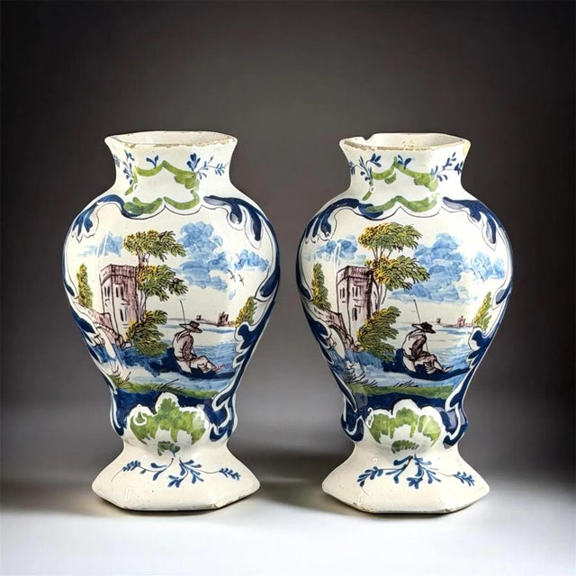 Dutch Delft Faience Vases with Hand-Painted Pastoral Scenes, Set of 2 For Sale - Image 11 of 11