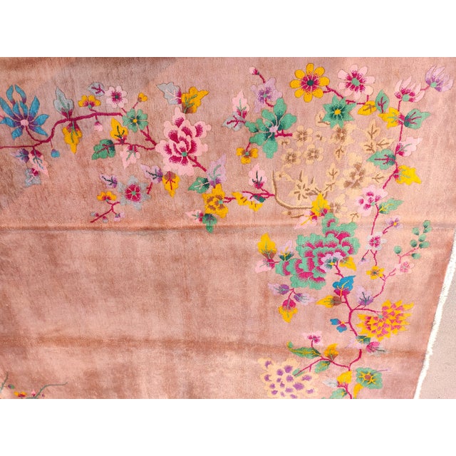 1930s Orange-Peach Floral Modern Antique Chinese Art Deco Rug Hand Knotted 8'10" X 11'6 Wool Carpet For Sale In New York - Image 6 of 6