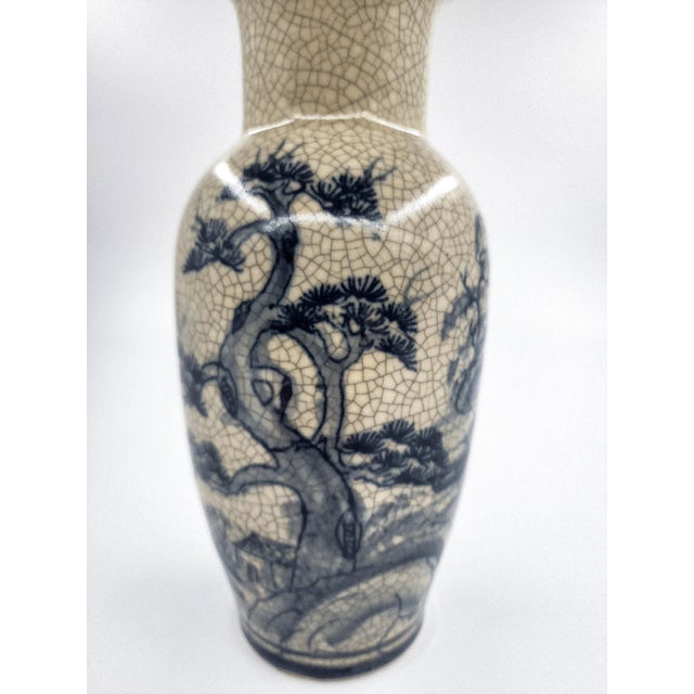 Mid 20th Century Mid 20th Century Bat Trang Crackle Glaze Stoneware Vase With Hand-Painted Cobalt Landscape Motif For Sale - Image 5 of 6