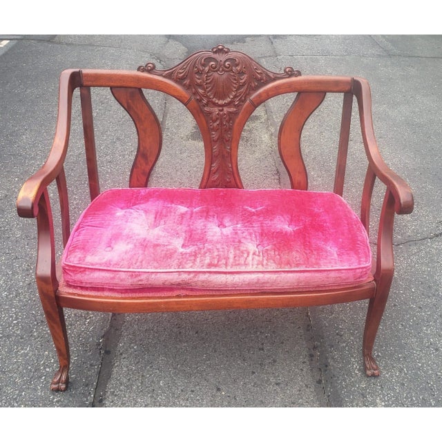 Pink Early 20th Century Victorian Style Carved Mahogany and Upholstered Settee For Sale - Image 8 of 10
