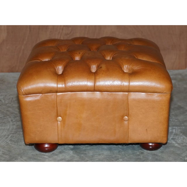 Animal Skin Square Tan or Brown Leather Tufted Chesterfield Footstool For Sale - Image 7 of 9