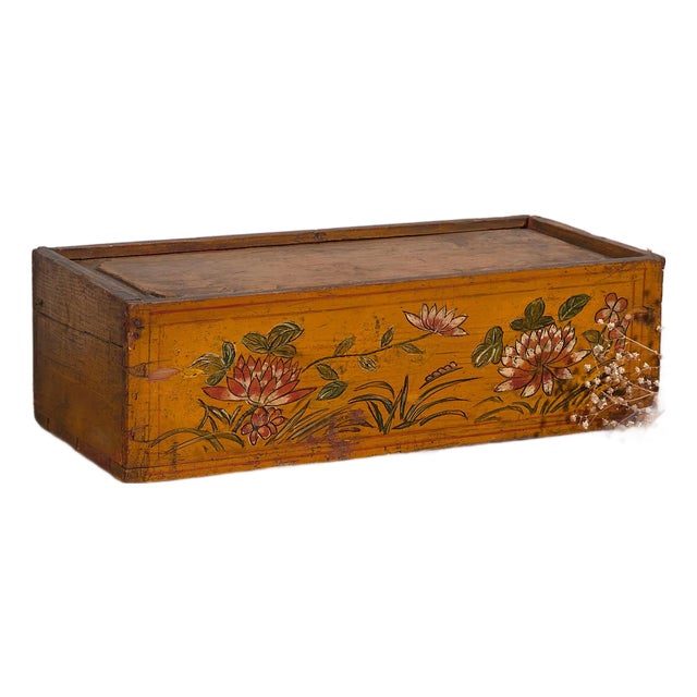 Antique Chinese Ochre Colored Box with Painted Lotus Flowers, 1900s For Sale