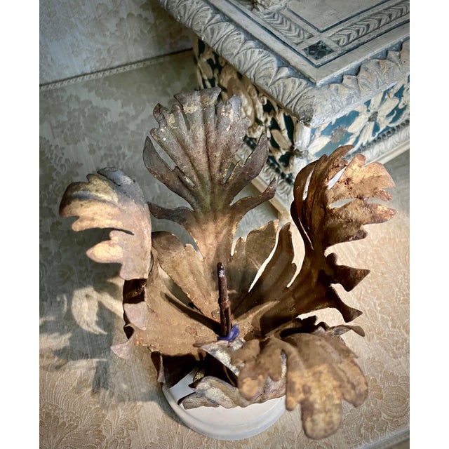 2000 - 2009 Italian Renaissance Gilded Iron Candleholders on Carrara Marble Sockles, Set of 2 For Sale - Image 5 of 11