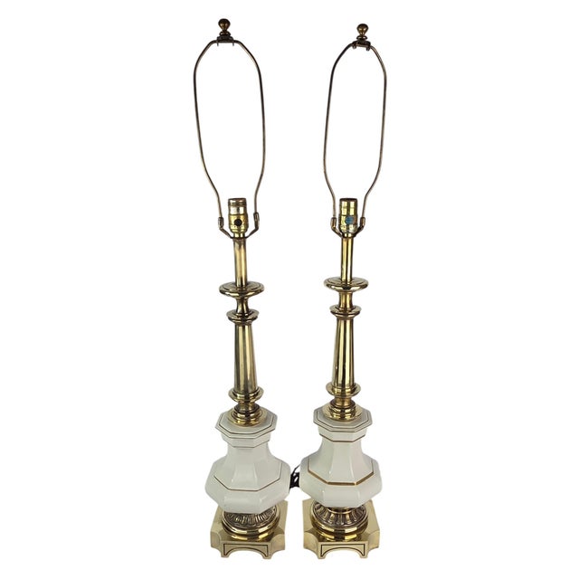 1960s Stiffel Brass and Porcelain Table Lamps, a Pair For Sale - Image 11 of 15