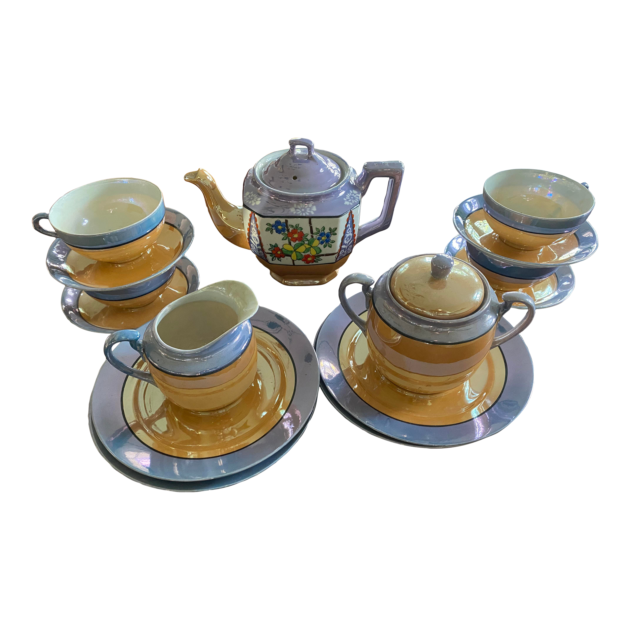 1930s Blue and Peach Japanese Lusterware Tea Set- 15 Pieces