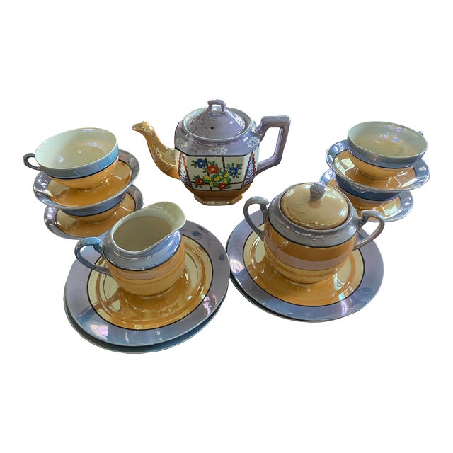 1930s Blue and Peach Japanese Lusterware Tea Set- 15 Pieces For Sale