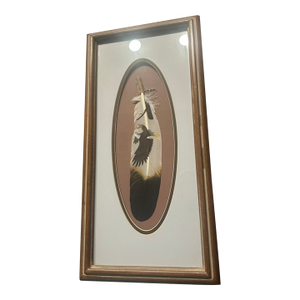 Late 20th Century Framed Hand-Painted Eagle Feather Artwork in Wood Frame