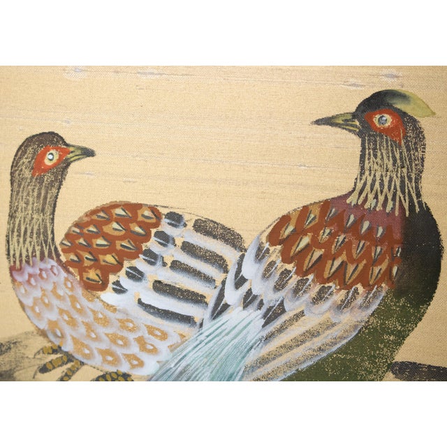 C. 1970s Showa Era Japanese Painted Silk Byobu Screen "Pheasants and Sakura" For Sale - Image 13 of 18