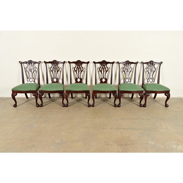 An outstanding set of six Chippendale or Georgian style dining chairs By Thomasville USA, Circa 1980s Carved solid...