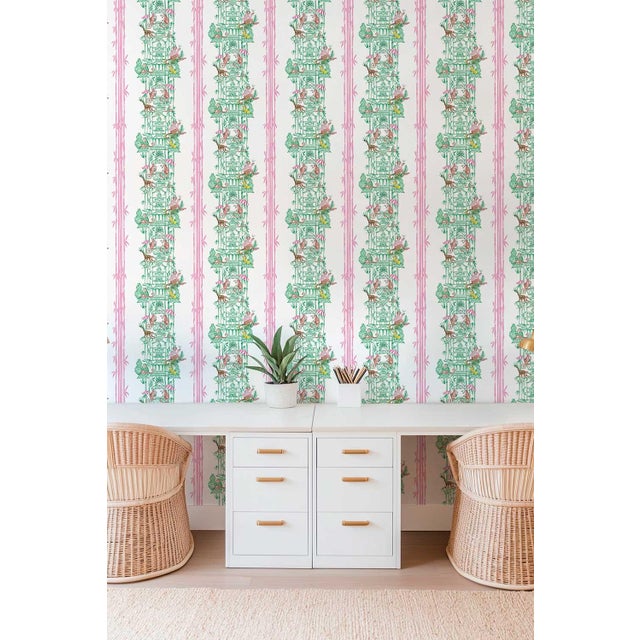 Green Chinoiserie Shenanigans Toile Grasscloth Wallpaper by House Party | Bamboo Grove Green | 6 Yards For Sale - Image 8 of 9