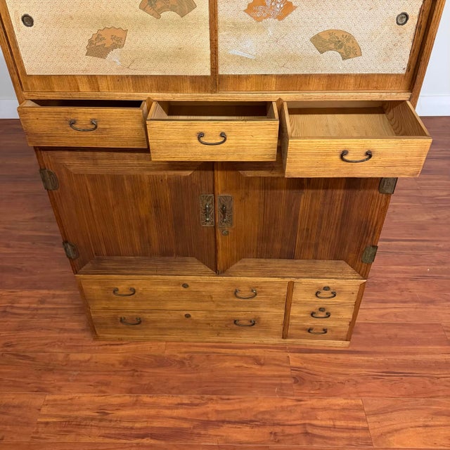 Vintage Japanese Tansu Chest Stacking Cabinet With Fan Motif Sliding Doors For Sale - Image 11 of 18