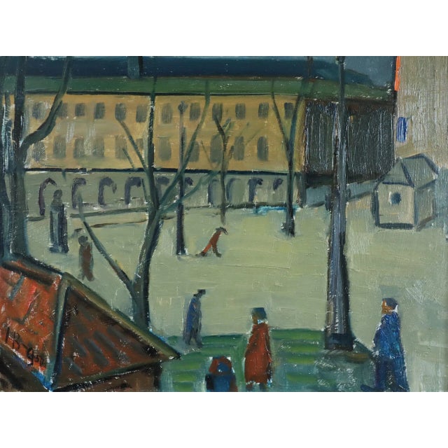 Mid-Century Modern 'Passing Moments' Vintage Original Expressive Street Scene Landscape Oil Painting, Framed For Sale - Image 9 of 12