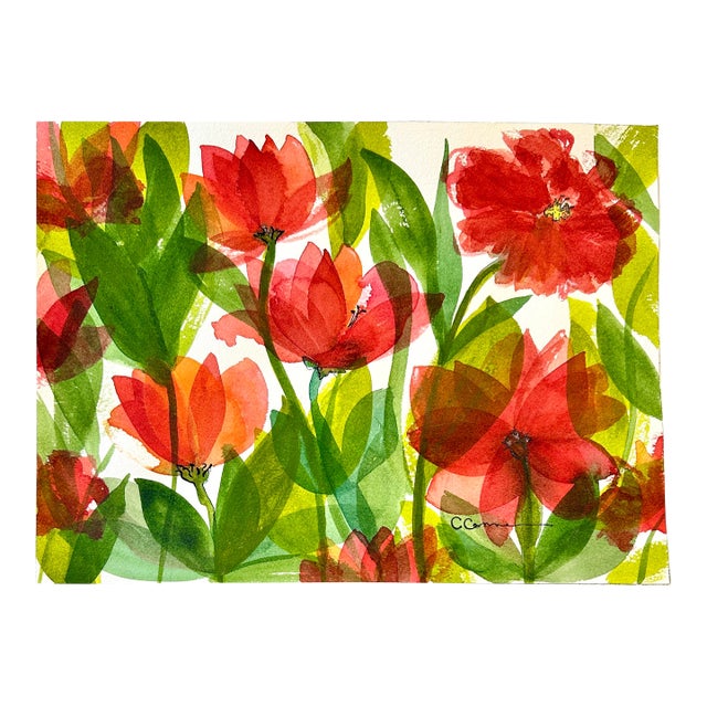 Watercolor Original Painting “Red Tissue Poppies” For Sale