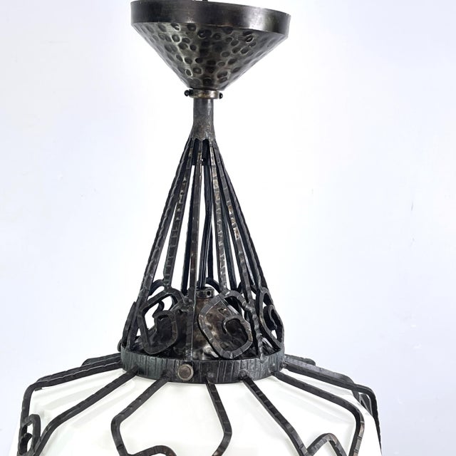 1930s Art Deco Hanging Light in Opal Glass and Wrought Iron, 1930s For Sale - Image 5 of 10