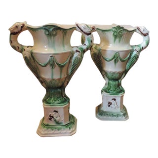 1790 Staffordshire Creamware Prattware Pearlware Urns or Mantel Vases - A Pair For Sale