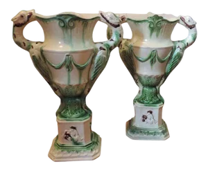 1790 Staffordshire Creamware Prattware Pearlware Urns or Mantel Vases - A Pair